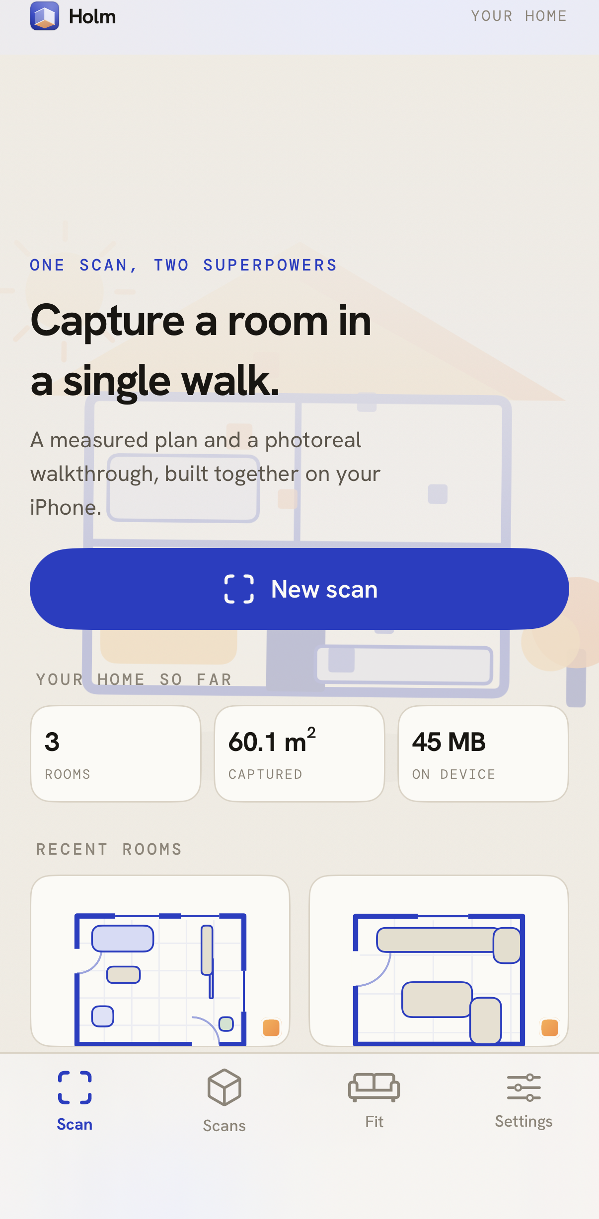 Holm room scan rendered as a measured plan alongside a photoreal walkthrough of the same space, captured on iPhone