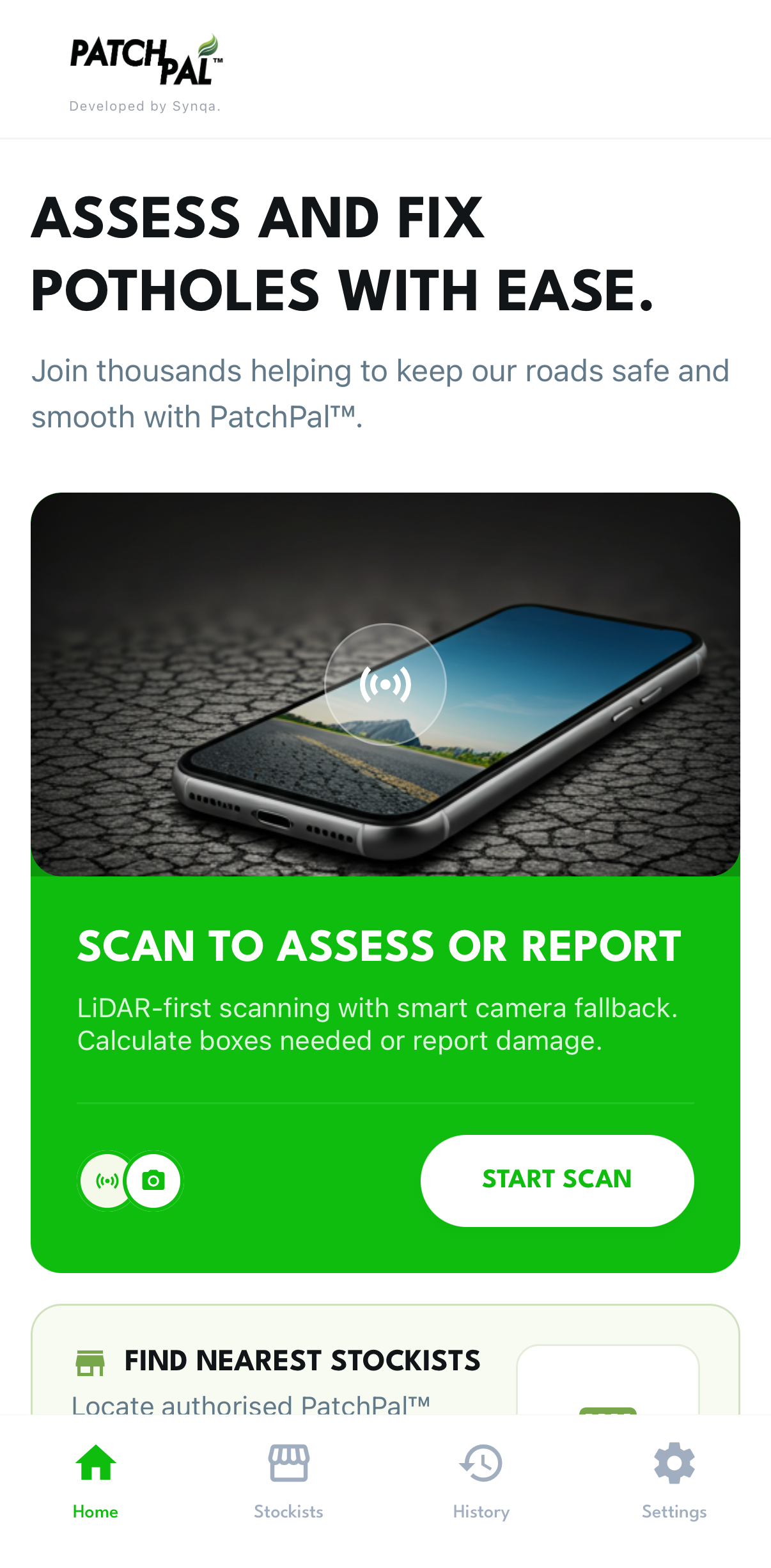PatchPal map view with a pinned pothole in Cape Town showing depth and width measurements alongside a Community Works repair queue