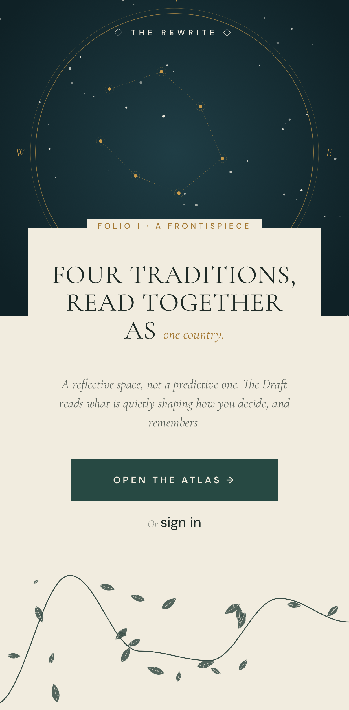 Rewrite app showing a reflective reading screen with four tradition symbols and The Draft conversational interface below