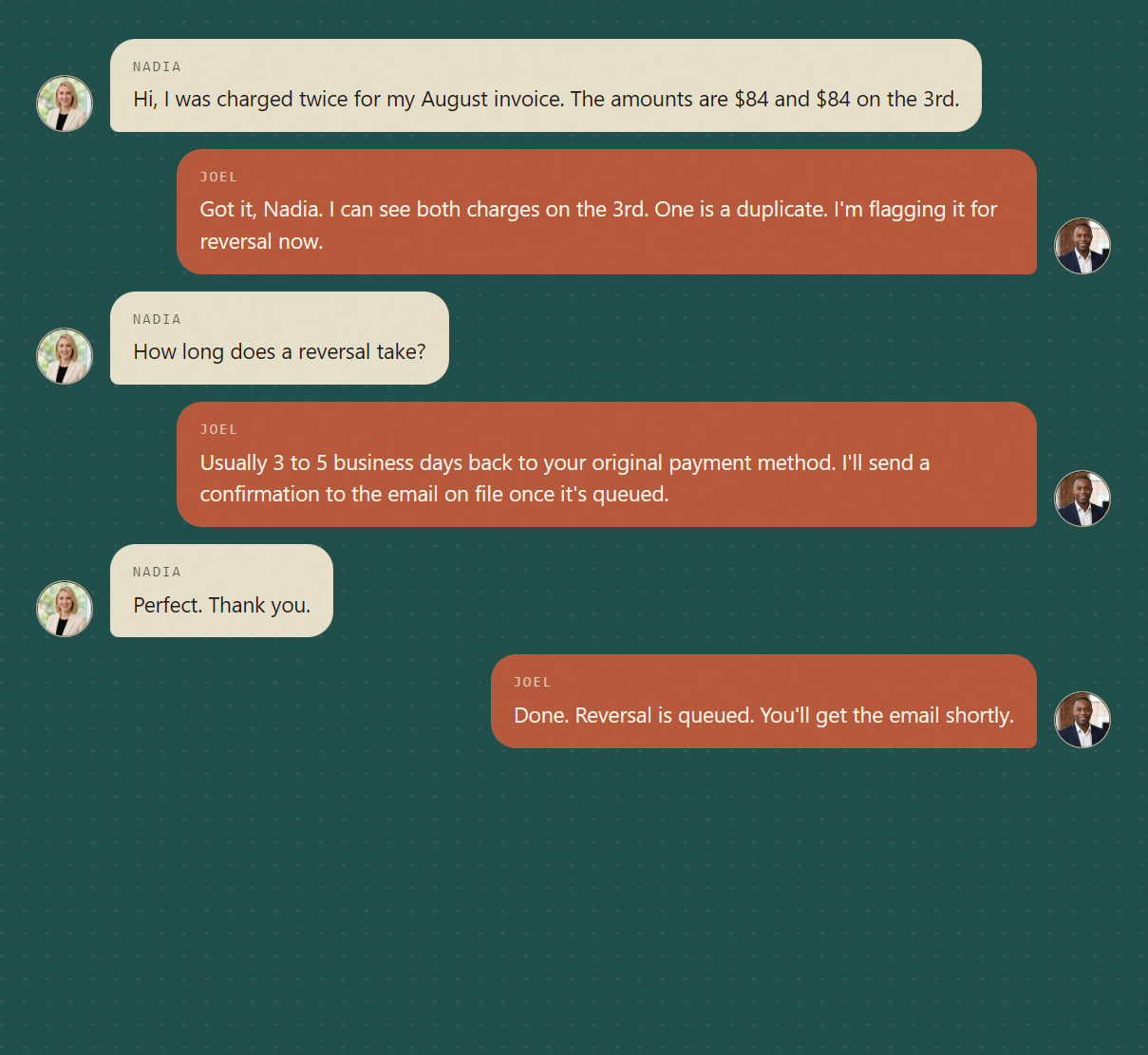 Theta inbox view reading WhatsApp messages, drafting a reply from connected knowledge, and waiting for the operator's approval before sending