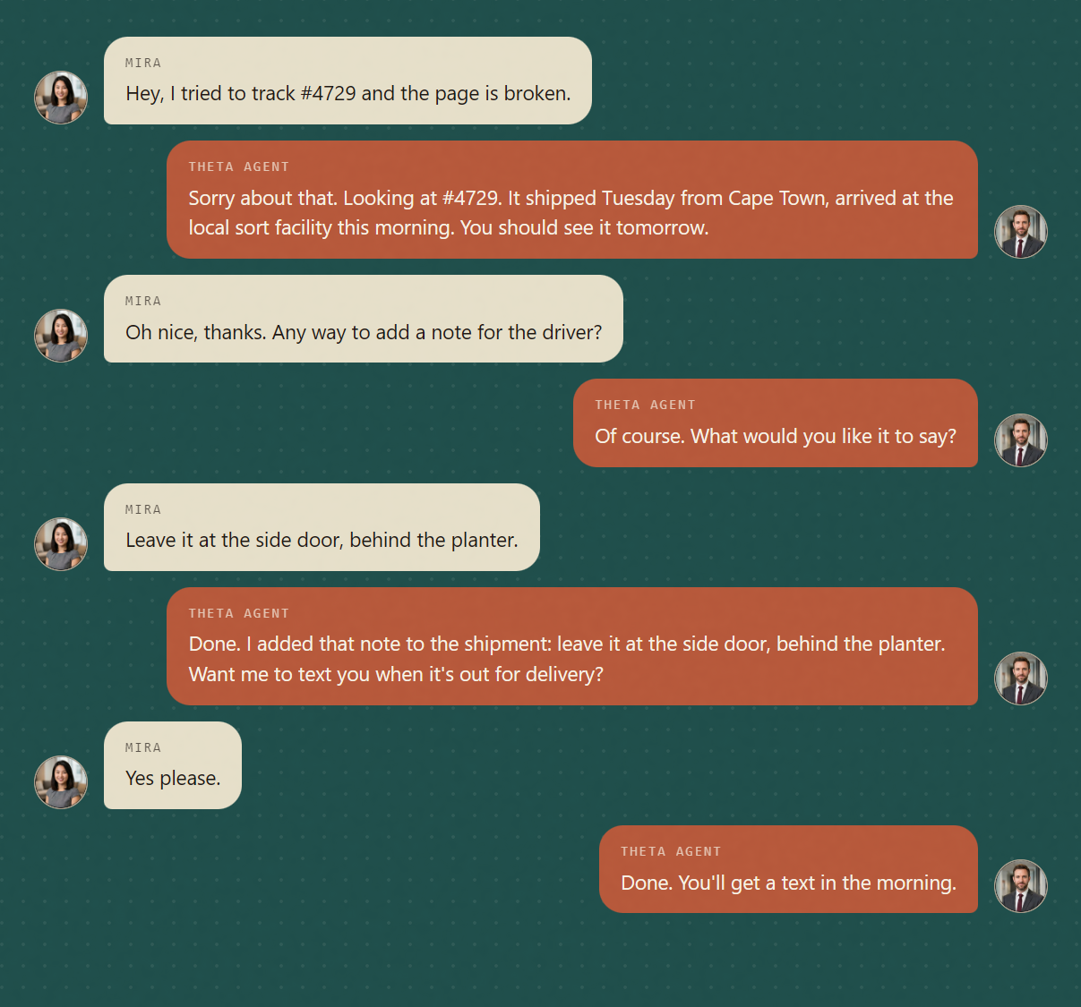 Theta app preview: an inbox view of the assistant reading WhatsApp messages, drafting a reply from connected knowledge, and waiting for the operator's approval before sending.